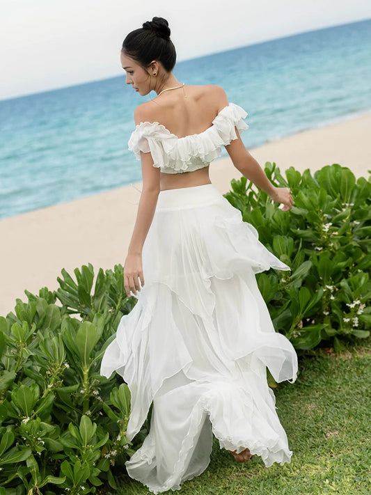 Elegant 2Piece Set Women Tierred Patchwork Bandage One Shoulder Tops+Irregular Hem Ruffles Skirts Vacation Chic Suits