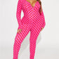Women Valentines Sexy Heart Print Long Sleeve Slim Fit Romper Pajamas Holiday Bodycon Button Up Jumpsuit Cute Pjs