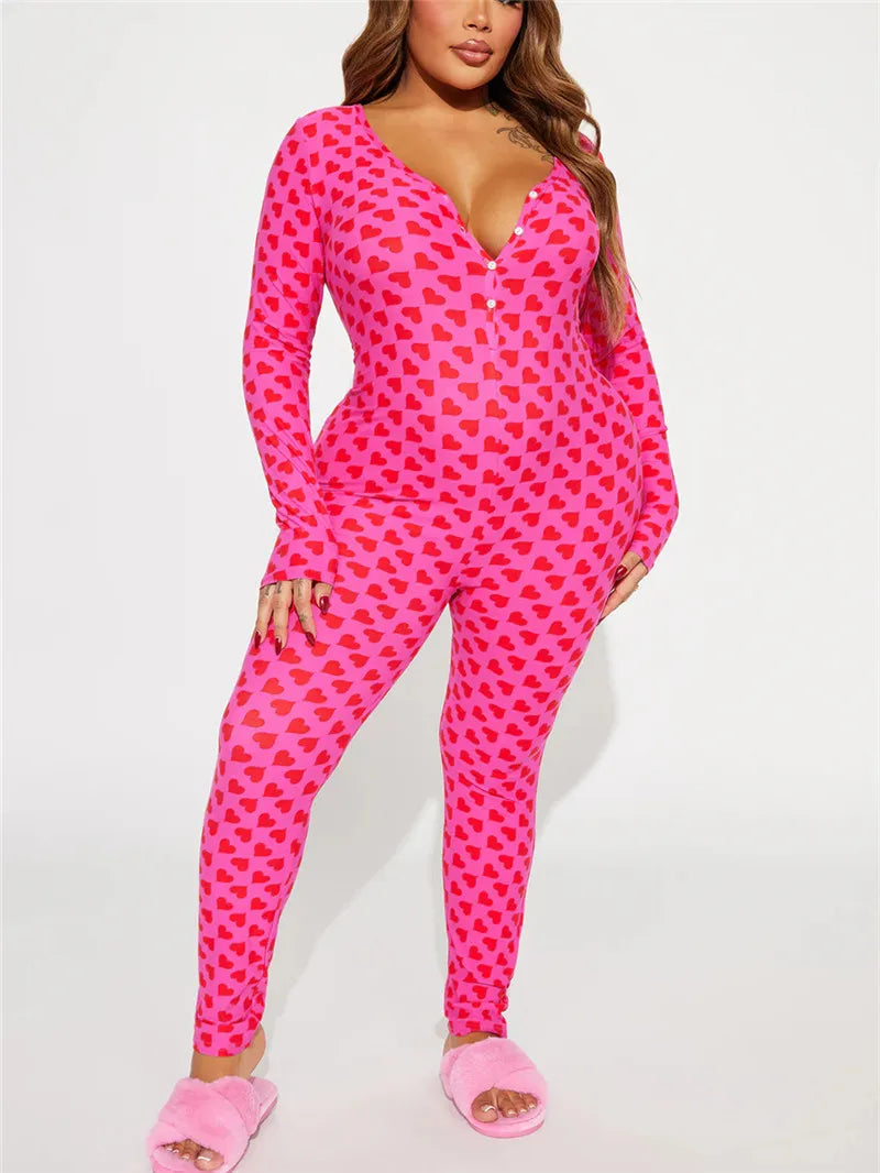 Women Valentines Sexy Heart Print Long Sleeve Slim Fit Romper Pajamas Holiday Bodycon Button Up Jumpsuit Cute Pjs