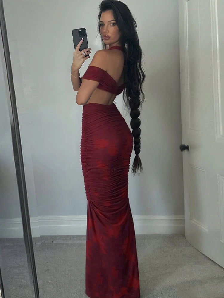 Sexy 2-Piece Set Women Y2K Halter One Shoulder Metal Knot Crop Tops+Hollow Long Skirts Beach Party Matching Outfits