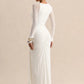 One Shoulder Mesh Long Sleeve Maxi Dress Women Ruched Thigh High Slit Bodycon Evening Party Wedding Guest Long Dress