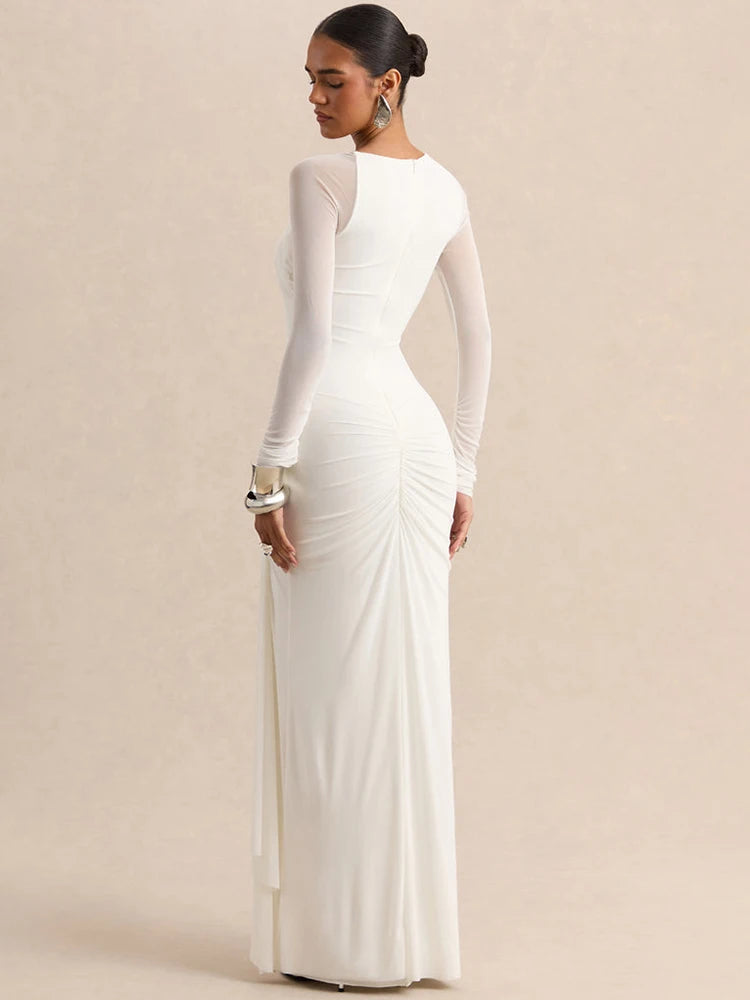 One Shoulder Mesh Long Sleeve Maxi Dress Women Ruched Thigh High Slit Bodycon Evening Party Wedding Guest Long Dress