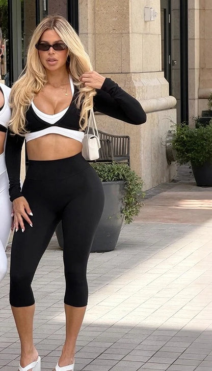 3 Piece Athletic Sets Woman Long Sleeve Cropped Tops Sports Bra and Capri Leggings Matching Sets Fall Outfits