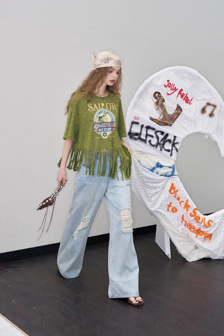 2025 Summer New Arrivals Women's Fringe Graphic Print T-Shirt Relaxed Fit Statement Tee