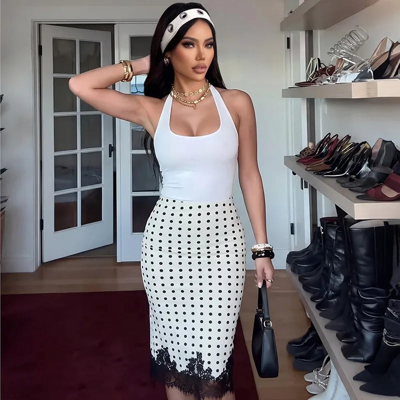 White Polka Dot Midi Skirt with Black Lace Trim Hem Elegant Woman Clothing Fishtail Skirts