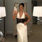 Elegant Lace Trim Satin White Maxi Dress Deep V Backless Long Gown Dresses for Ladies Sexy Birthday Outfits