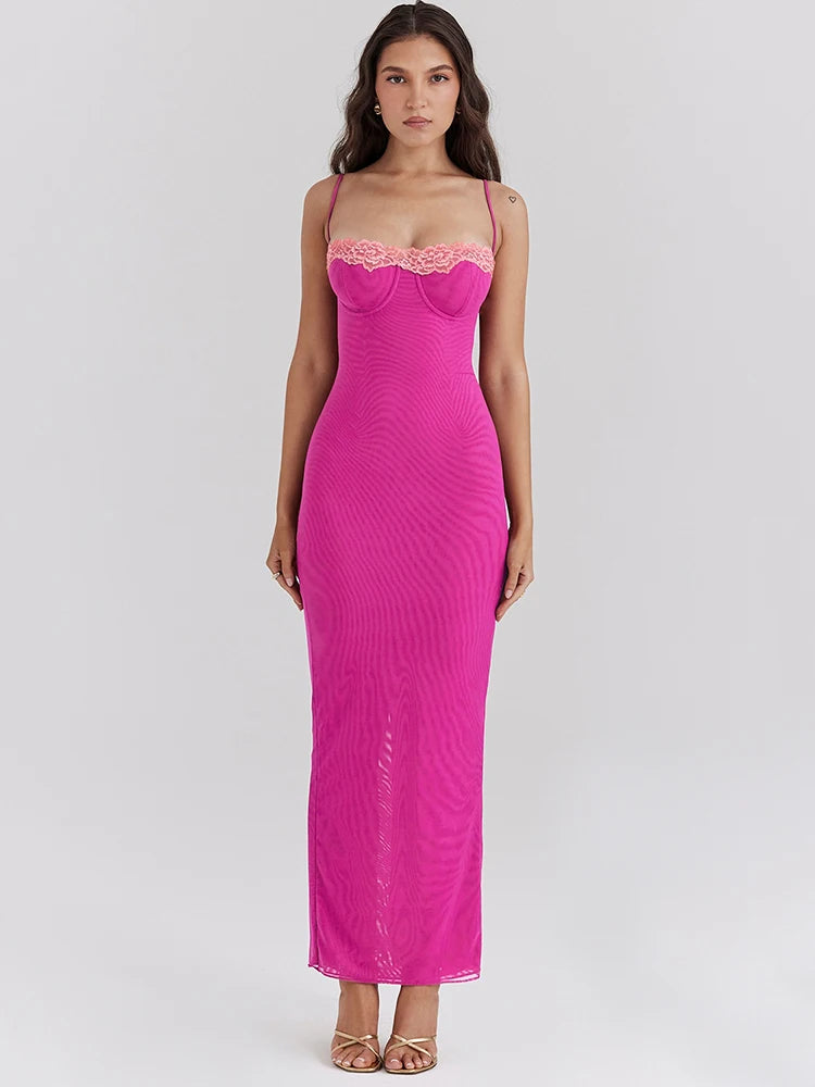 Lace Spaghetti Strap Bodycon Maxi Dress Women Gown Patchwork Fashion Sleeveless Backless Sexy Club Party Dress Elegant