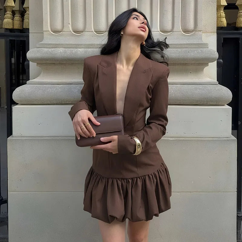 Brown Plunge Puff Hem Blazer Dress Sexy Deep V Neck Long Sleeve Short Dresses for Woman Clothes Fall
