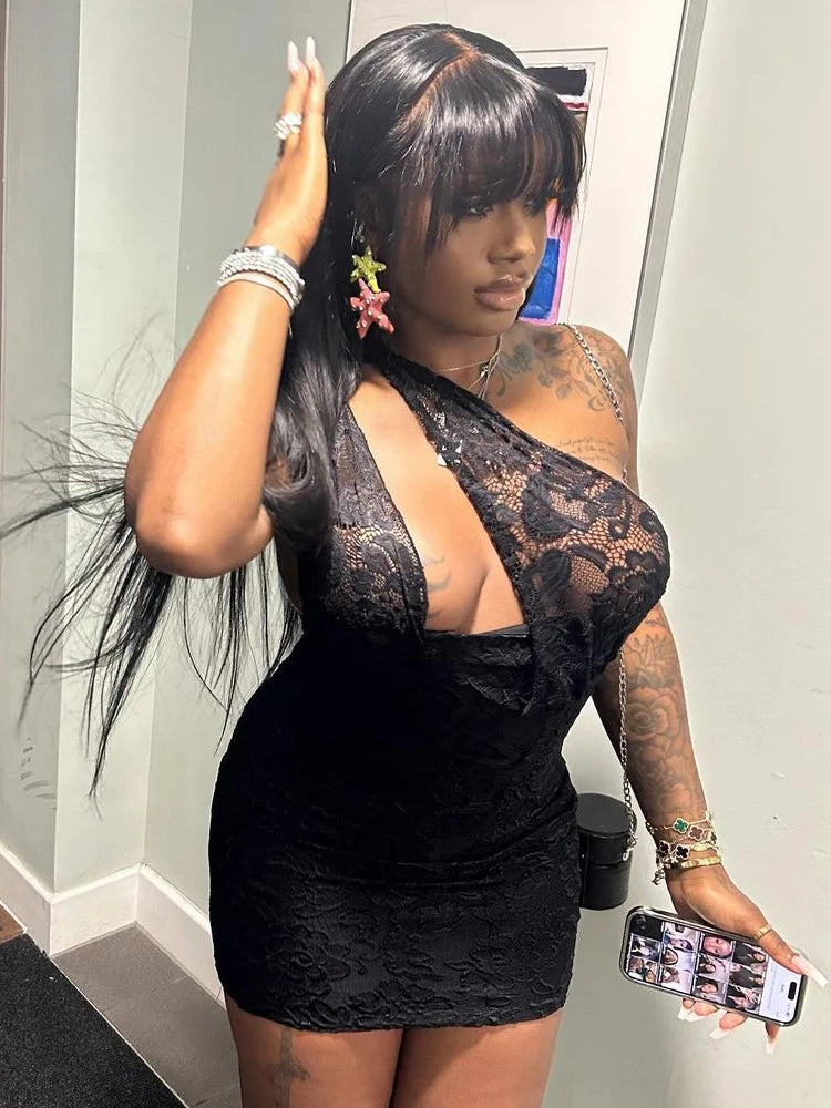 Irregular Hollow Mini Dress Women Mesh Patchwork Skew Collar Sleeveless Midnight Club Party Sexy Coquettish Outfits