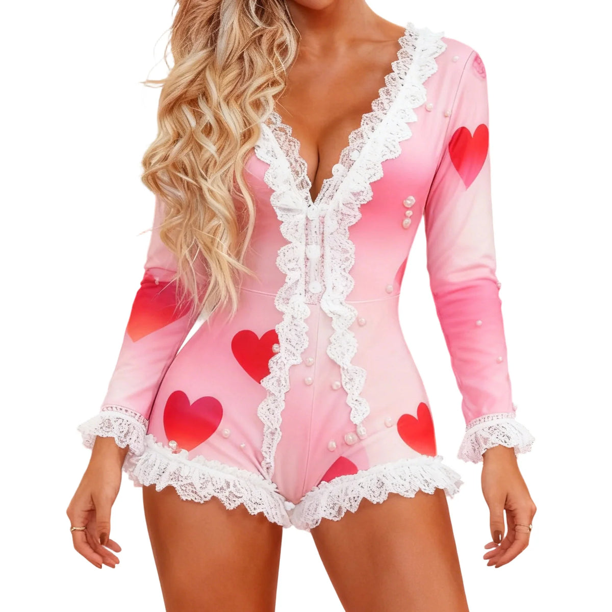 Sexy Women's Valentine's Day Pajamas Shorts Romper Long Sleeve V Neck Lace Trim Heart Print Jumpsuit Sleepwear