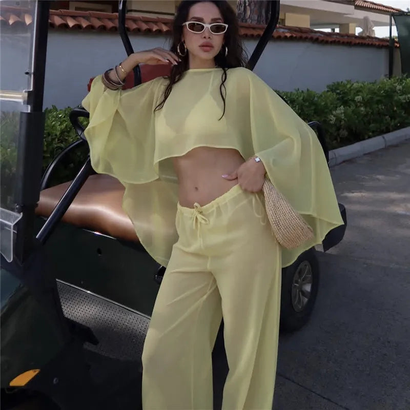 Y2K Retro Sheer Chiffon Cape 2 Piece Set Women Cropped Flowy Top Drawstring Wide Leg Pants Beach Street Matching Outfit