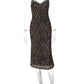 Women Leopard Print Midi Dress Spaghetti Strap Lace V‑Neck Bodycon Dress Sleeveless Backless Evening Party Midi Dresses
