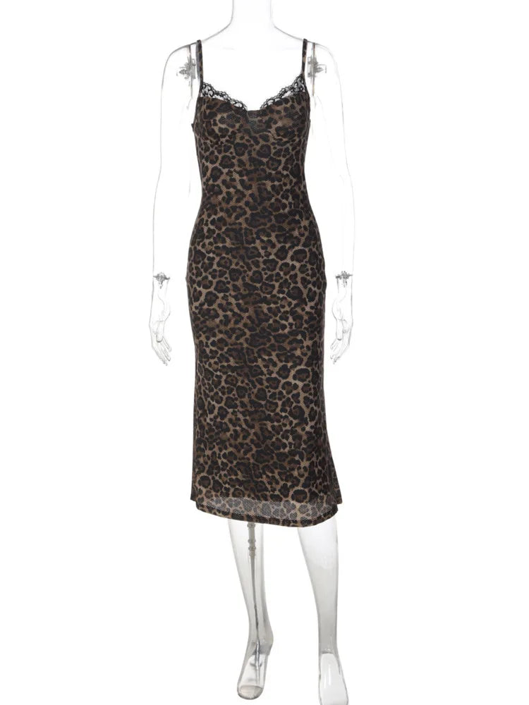 Women Leopard Print Midi Dress Spaghetti Strap Lace V‑Neck Bodycon Dress Sleeveless Backless Evening Party Midi Dresses