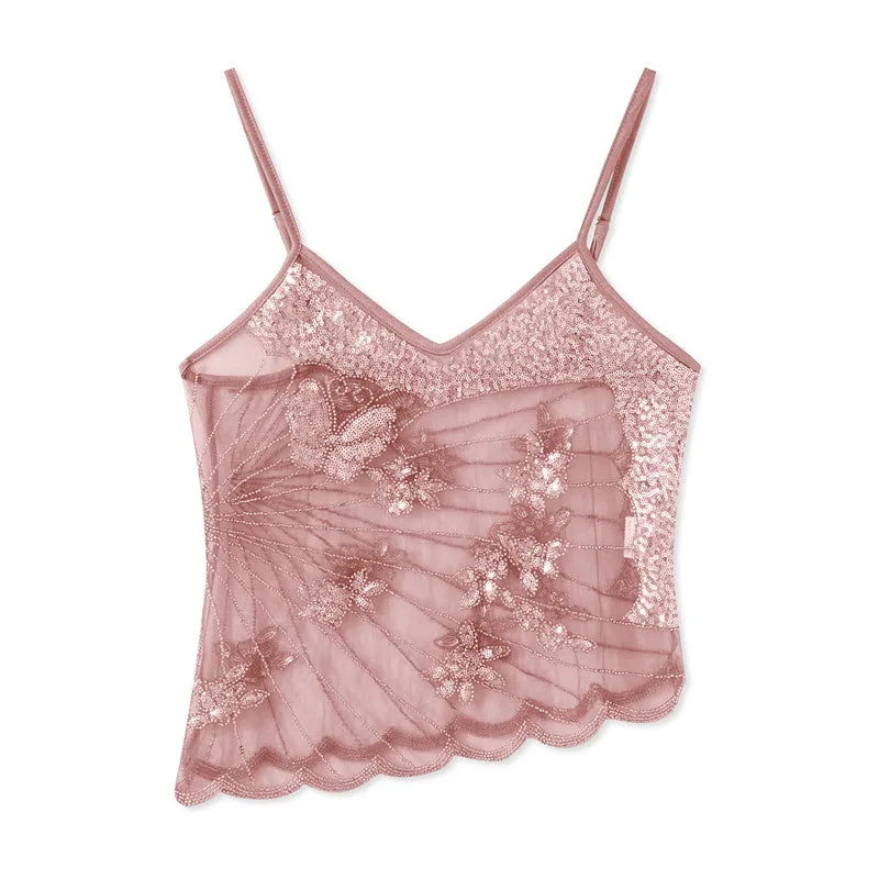 Sexy Sequin Slim Fit Irregular Strap Tank Crop Tops Versatile Sexy Hot Girl Summer Mesh See Through Sleeveless Tee Shirt