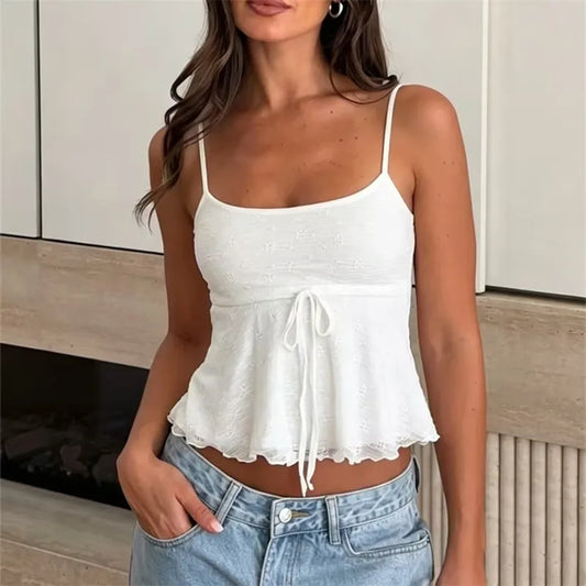 Women Adjustable Spaghetti Strap Cami Top Floral Jacquard Front Tie Lace Ruffle Hem Cropped Summer Casual Tank Top