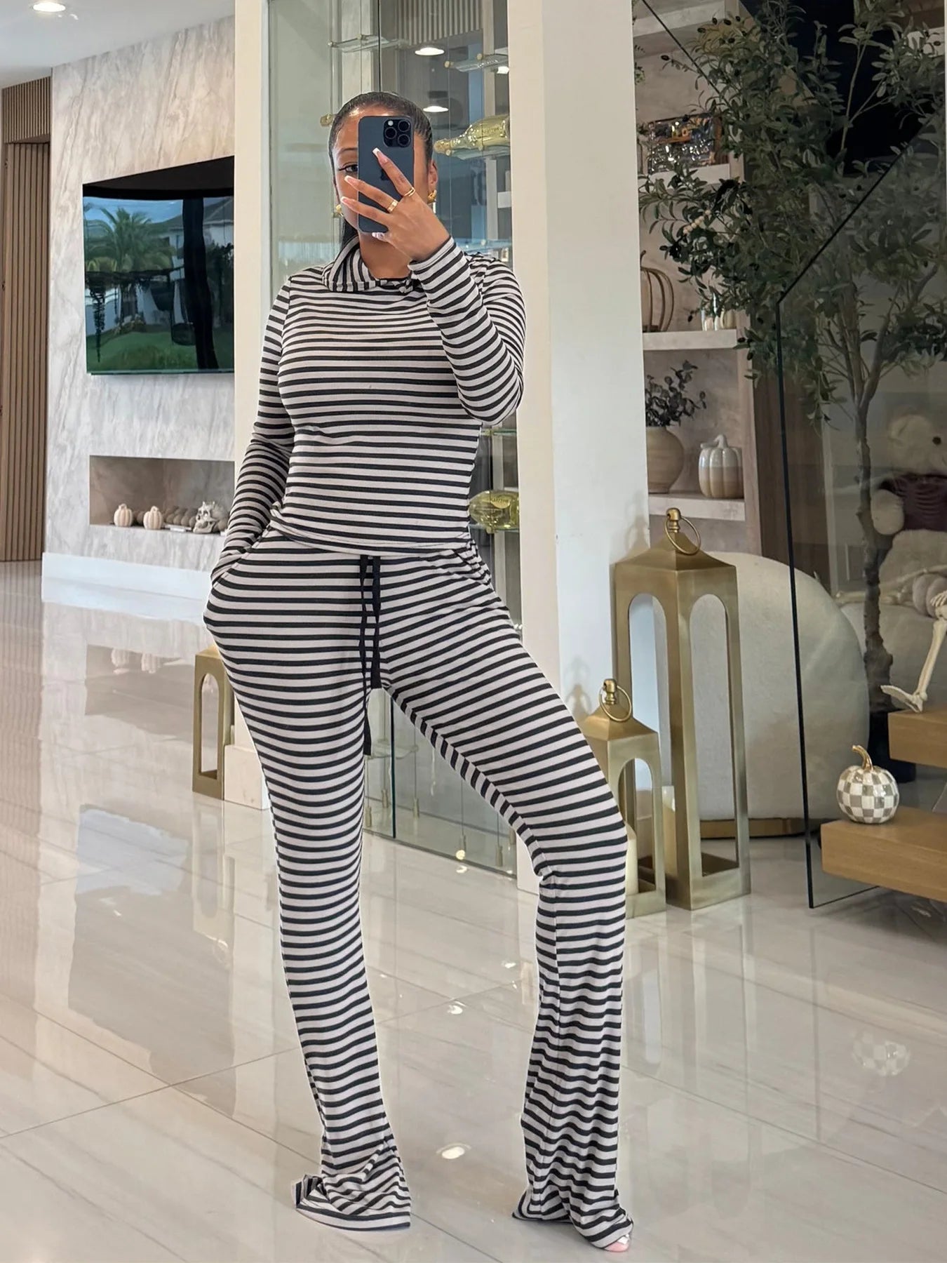 Striped Print 2 Piece Set Women Trend Hooded Full Sleeve T-Shirt+Drawstring Pants Fashion Casuals Street Sporty Suits
