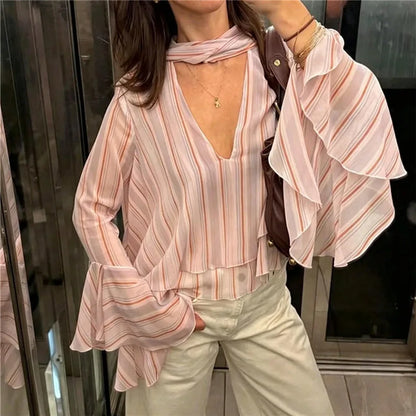 Women Striped Sheer Chiffon Blouse V Neck Neck Tie Ruffle Flare Long Sleeve Loose Cropped Casual Streetwear Office Tops