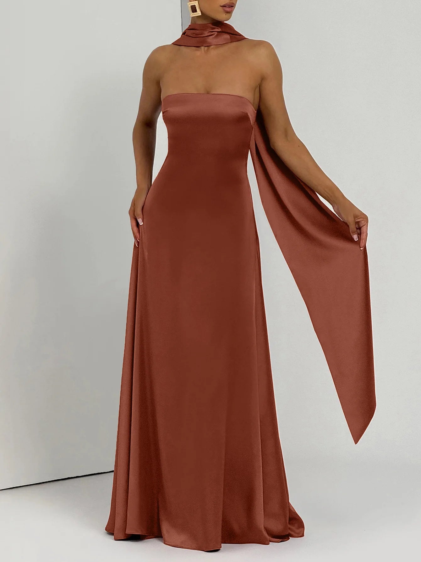 Satin Strapless Backless Maxi Dress with Scarf Elegant Evening Party Dresses for Woman Clothes