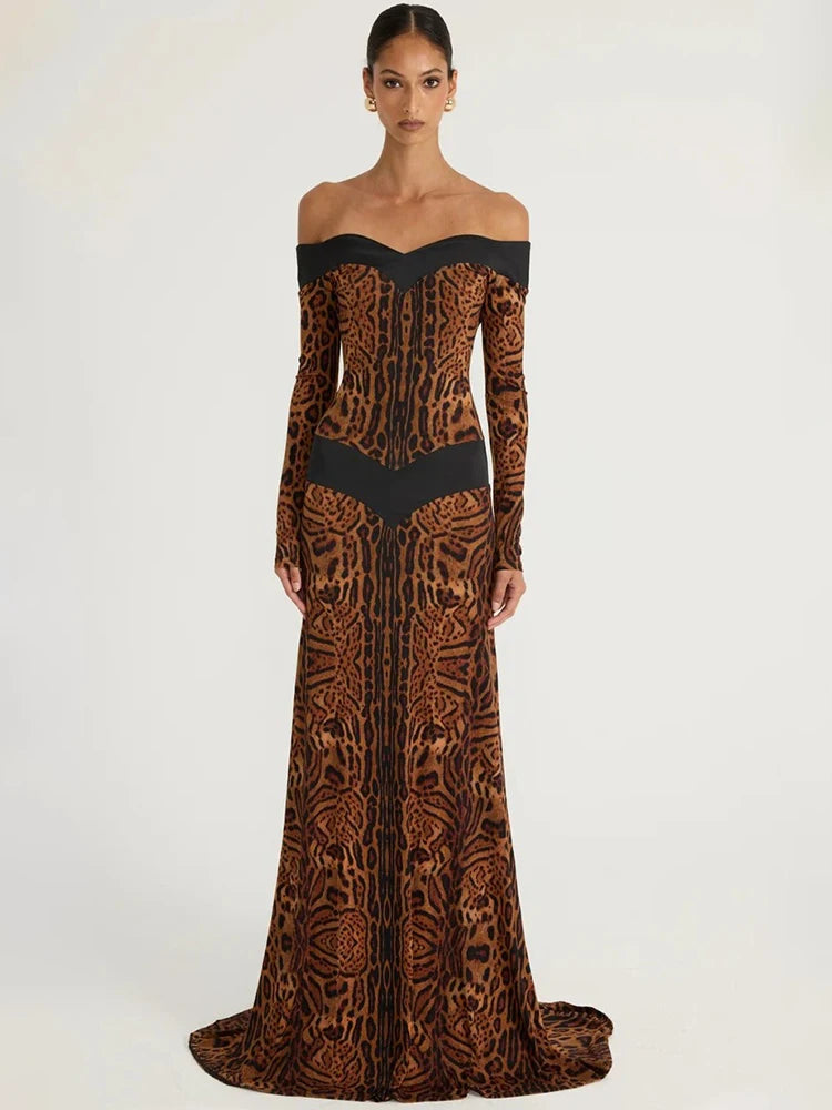 Women Off Shoulder Leopard Print Maxi Dress Long Sleeve Cutout Bodycon Evening Party Gown Formal Wedding Guest Dress