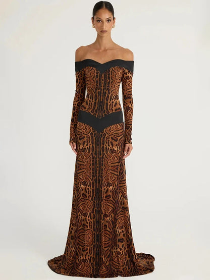 Women Off Shoulder Leopard Print Maxi Dress Long Sleeve Cutout Bodycon Evening Party Gown Formal Wedding Guest Dress