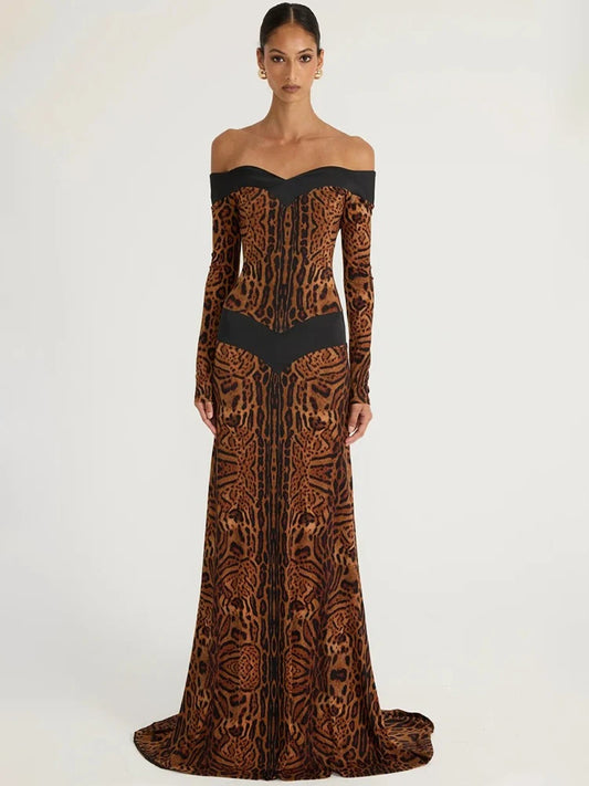 Women Off Shoulder Leopard Print Maxi Dress Long Sleeve Cutout Bodycon Evening Party Gown Formal Wedding Guest Dress