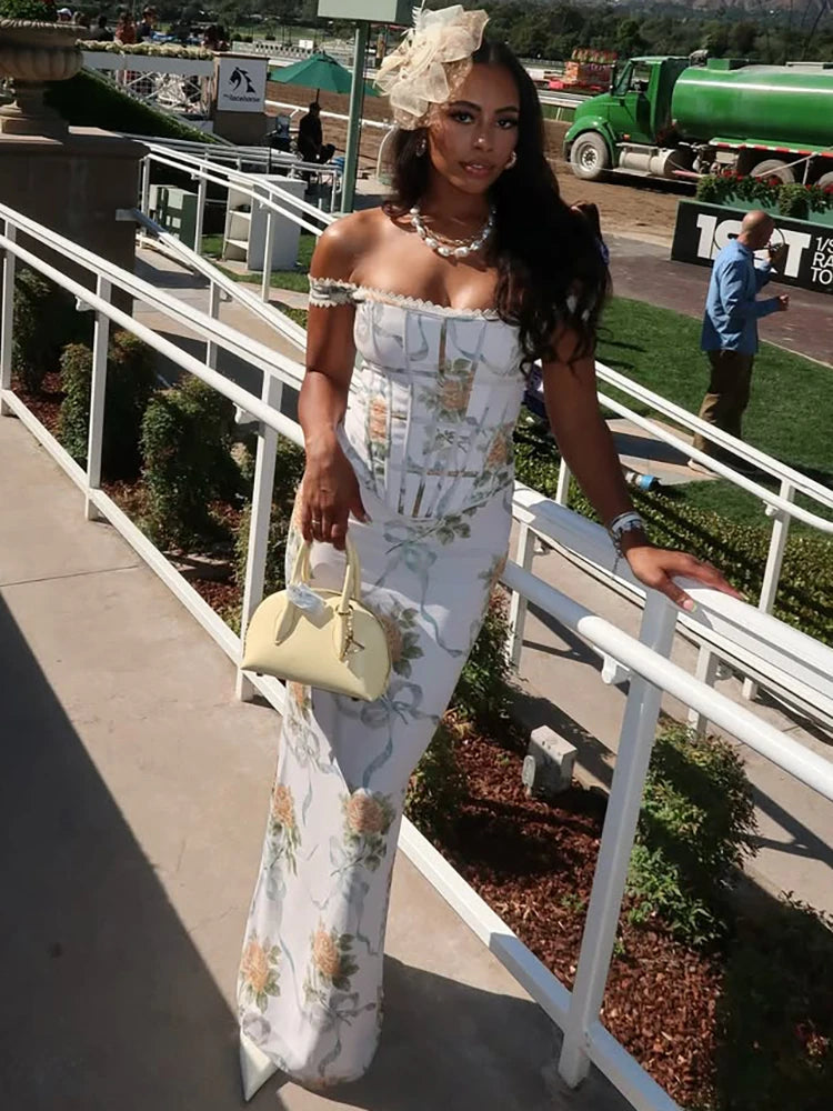 Vintage Print Sexy Maxi Dress Women Gown Summer Off-shoulder Sleeveless Backless Bodycon Club Party Long Dress Elegant