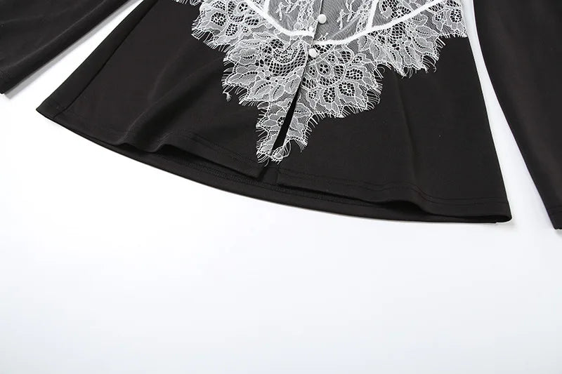 Lace Patchwork Black Blazer for Woman Jacket Long Coat Fall Fashion Elegant Tops for Woman Luxury