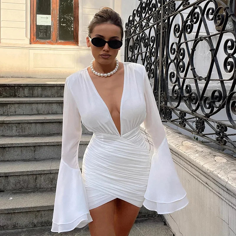 Elegant White Party Dress Sexy Deep V Flared Long Sleeve Short Dresses for Women Going Out Night Club Outfits