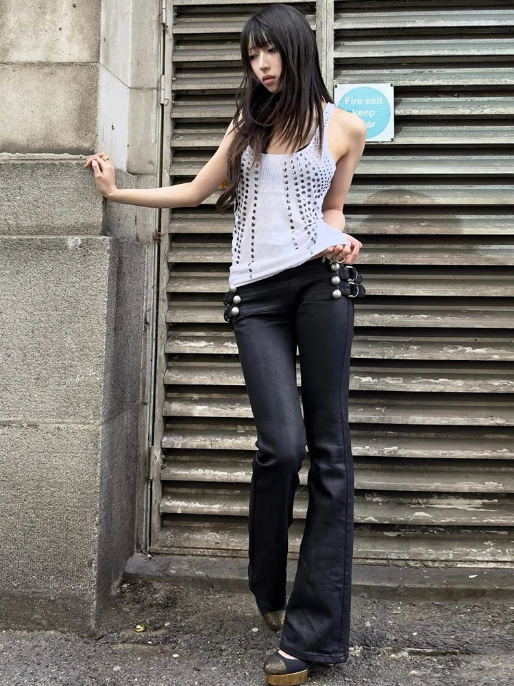 Double-Breasted Decoration Pants Women Metal Ring Tassel Elastic Waist Autumn Trend Street Daily Hottie Bell-Bottom