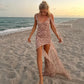 Sexy Asymmetrical Halter Backless Long Dresses Floral Print Chiffon Beach Vacation Summer Dress Womens