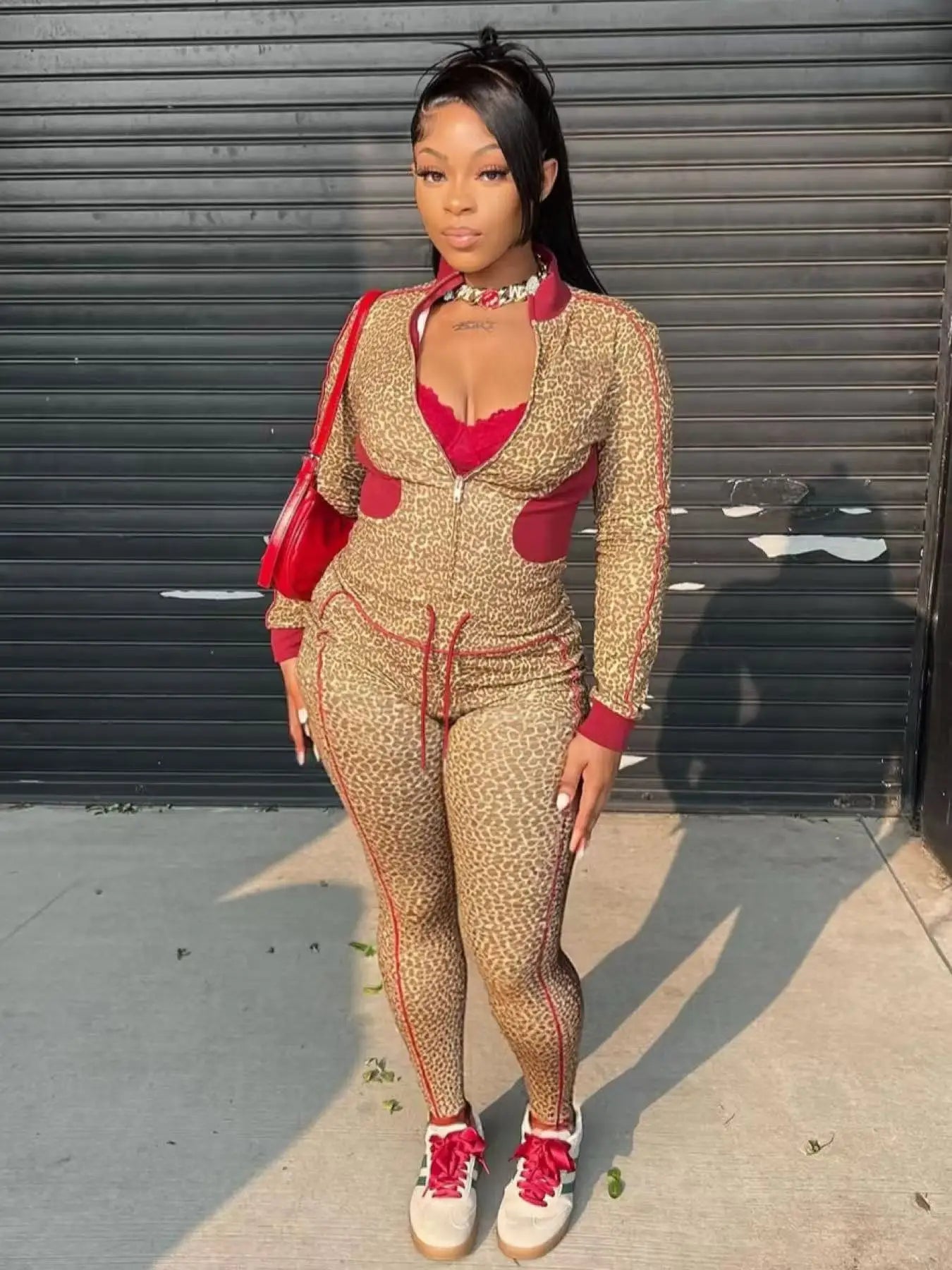 Patchwork 2 Piece Set Women Tracksuit Leopard Print  Crop Jacket+Leggings Matching Casual Activity Stretch Streetwear