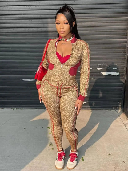 Patchwork 2 Piece Set Women Tracksuit Leopard Print  Crop Jacket+Leggings Matching Casual Activity Stretch Streetwear