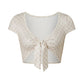 Women Front Tie Knot Cropped T Shirt V Neck Puff Short Sleeve Slim Fit Solid Plaid Crop Top Vintage Summer Casual Blouse