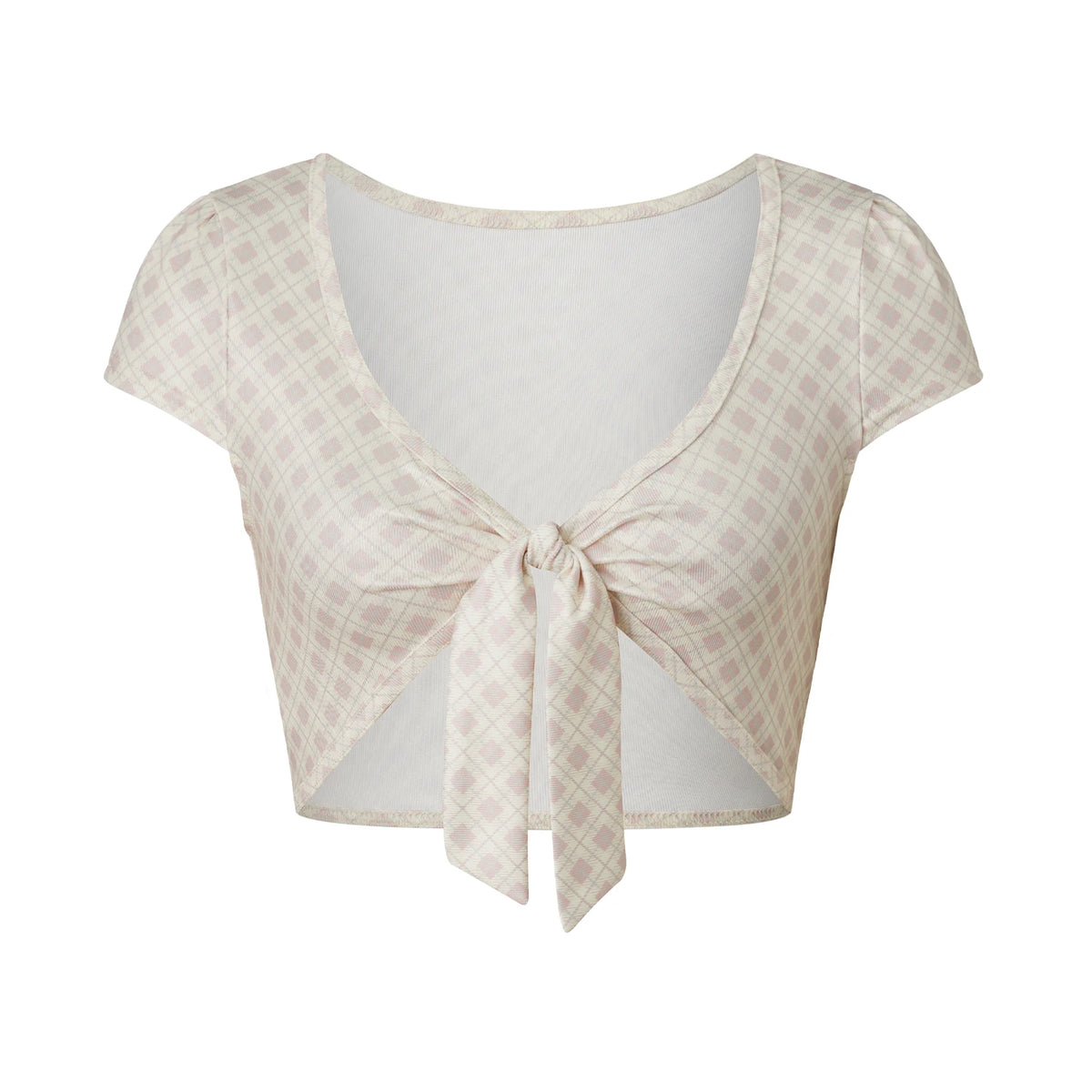 Women Front Tie Knot Cropped T Shirt V Neck Puff Short Sleeve Slim Fit Solid Plaid Crop Top Vintage Summer Casual Blouse
