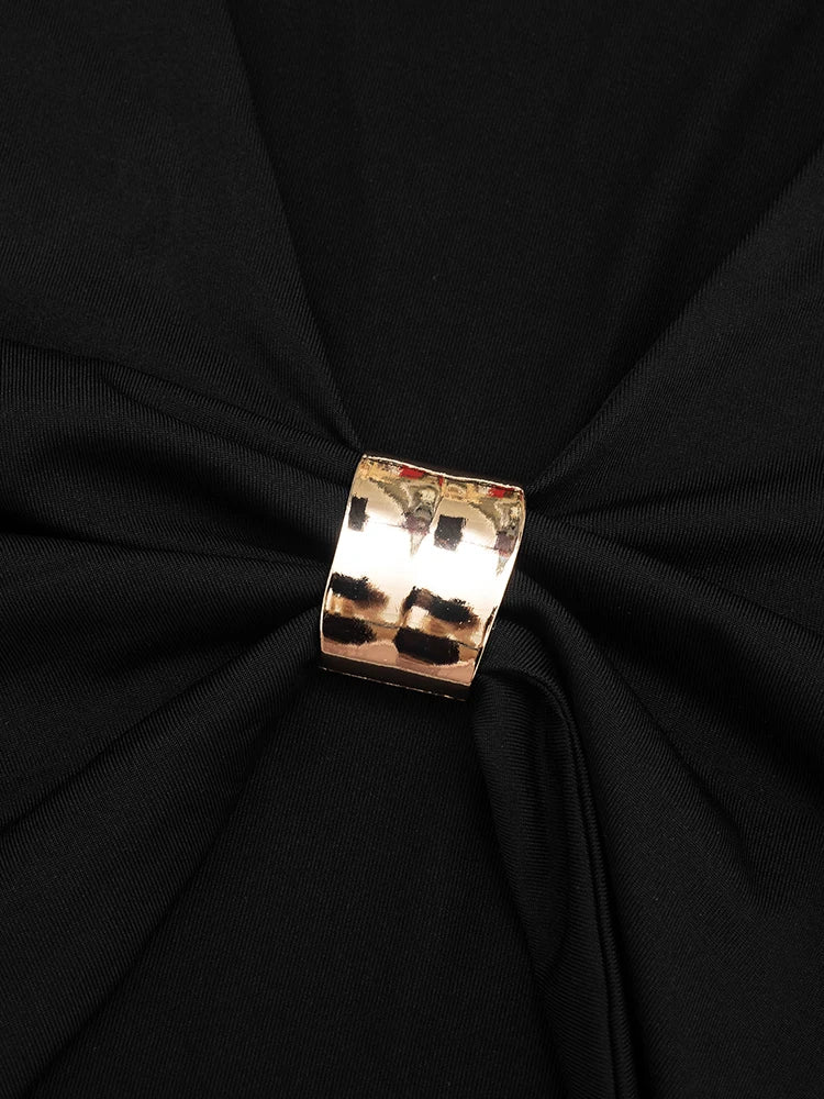 Autumn Ruched 2 Piece Set Women Metal Buckle Sexy V-Neck Full Sleeve Crop Tops+High waist Split Pant Basic Streetwear