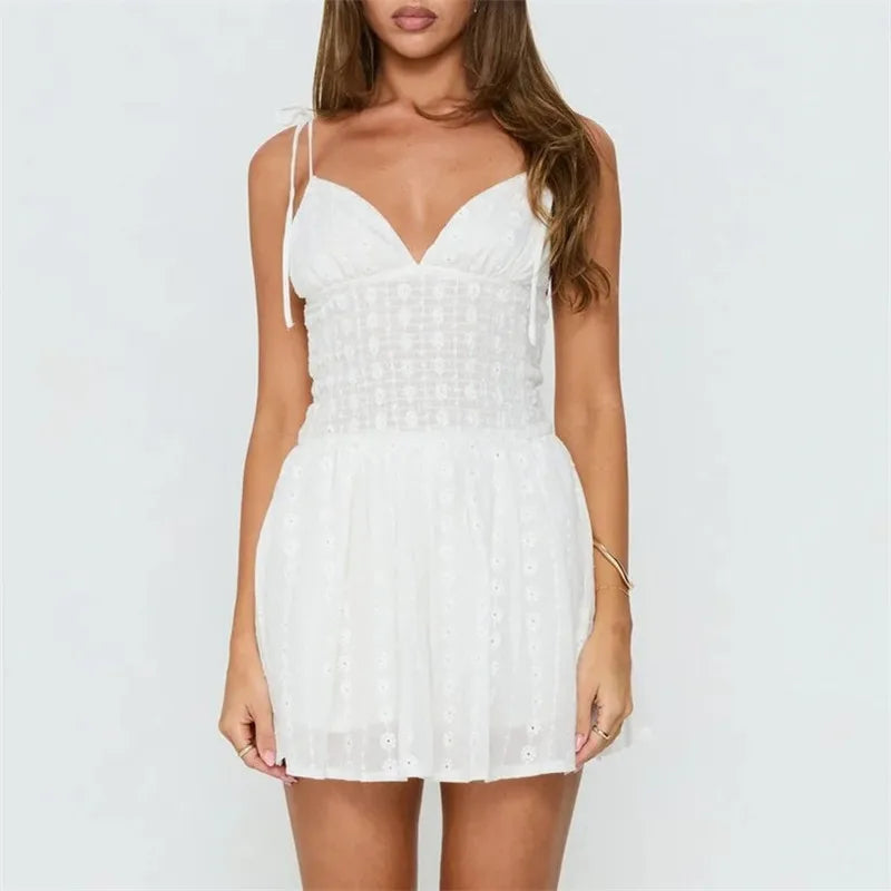 Shirred Waist Eyelet Cutwork Floral Slip Mini Dress For Women Tie Thin Straps Deep V Backless Casual Holiday Sundress