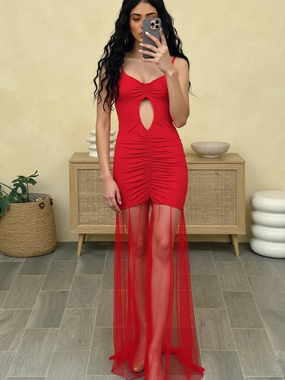 Mesh Patchwork Dress Women Low-Neck Off Shoulder Backless Vacation Fashion Beach Party Ruched Elegant Long Bodycon