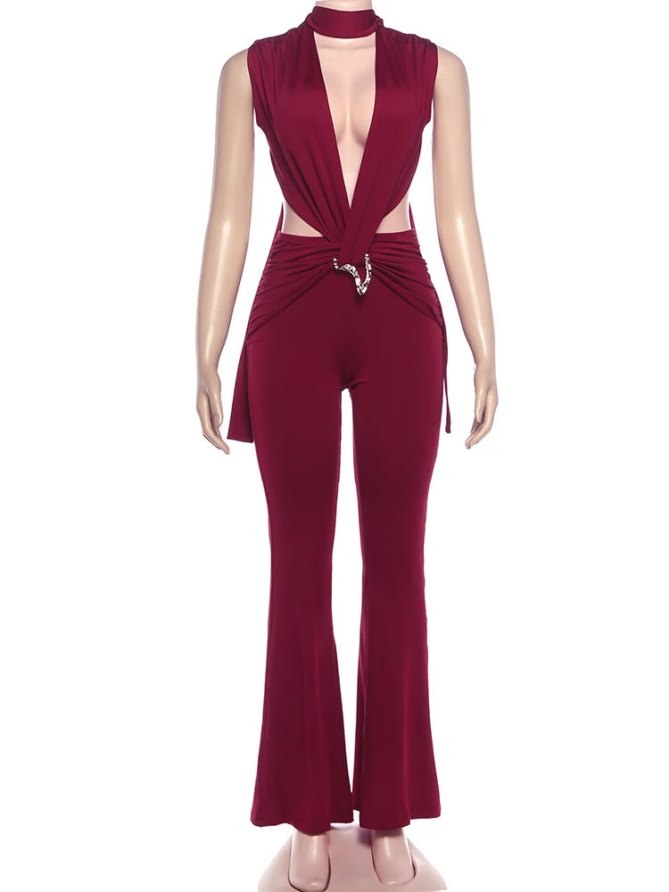 Metal Trim Jumpsuit Women Ruched Sexy Waistless Cross Hollow Bandage Coquette Midnight Workout Hipster Stretch Overalls
