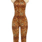 Backless Romper Women Halter Bandage Leopard Print Fit Tight Stretch Summer Sexy Hipster Activity Workout Playsuits