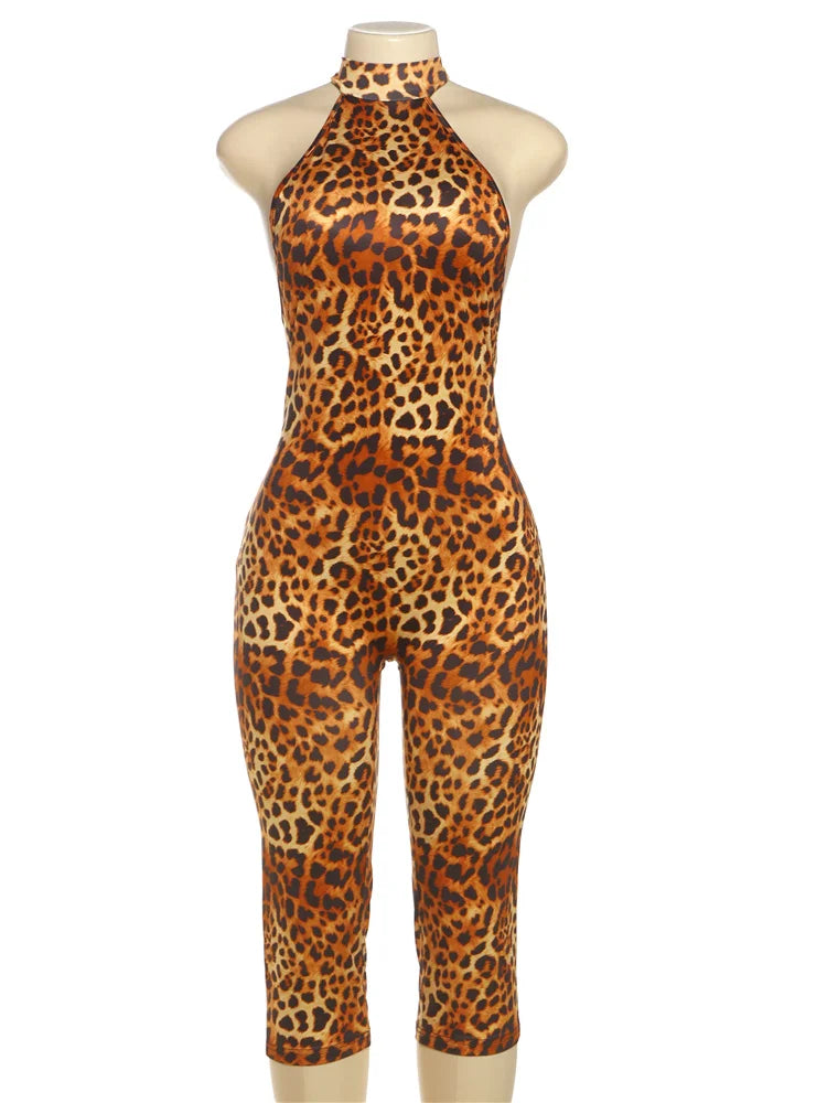Backless Romper Women Halter Bandage Leopard Print Fit Tight Stretch Summer Sexy Hipster Activity Workout Playsuits