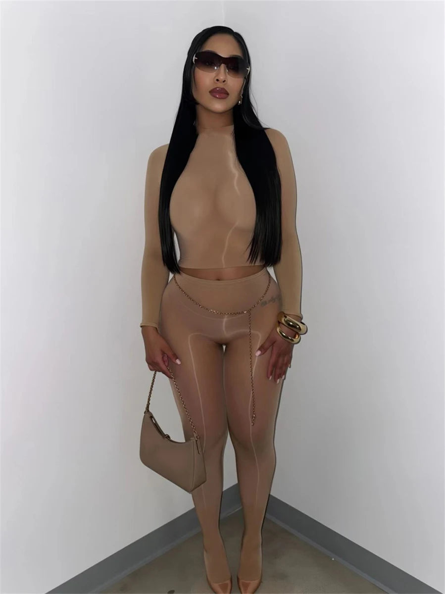Sexy See Through 2 Piece Set Women Trend Wild O-Neck Full Sleeve Crop Top+Leggings Stretch Midnight Party Clubwear