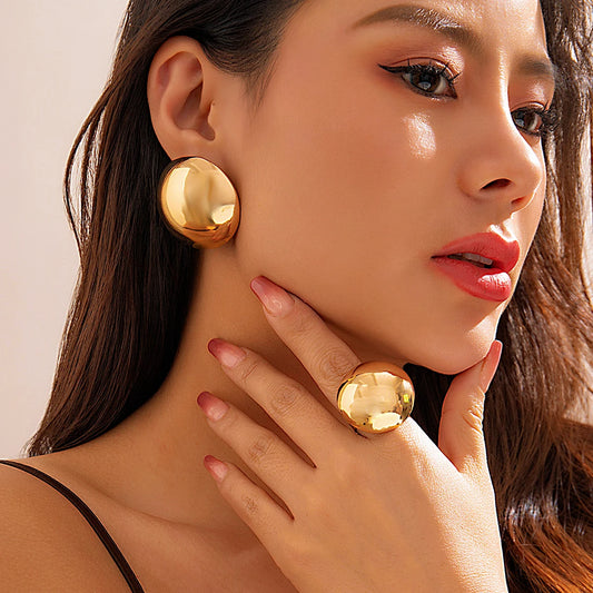2Pcs Unique Smooth Round Big Ball Metal Stud Earrings Women Classic Vintage Rings Pierced Earring Steampunk Jewelry Set