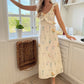 Women Graphic Print Maxi Dress Boho Beach V Neck Ruffles Strap A-line Dress Summer Holiday Backless Tie Up Long Dress