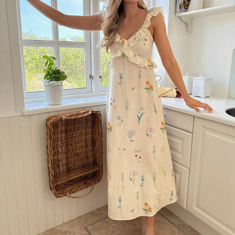 Women Graphic Print Maxi Dress Boho Beach V Neck Ruffles Strap A-line Dress Summer Holiday Backless Tie Up Long Dress