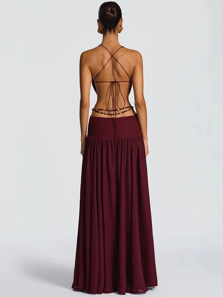 Hollow Out Deep V Neck Sexy Maxi Dress Women Gown Metal Buckle Sleeveless Backless Thigh High Split Club Party Dresses