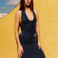 Women Navy Blue Halter Neck Two Piece Outfit Ruched Drawstring Asymmetrical Top And Mini Skirt Set Female Dress Set