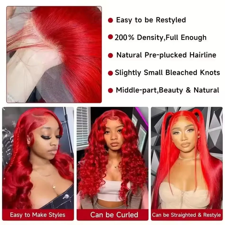 Hot Red Body Wave Brazilian Colored 13x6 13x4 HD Lace Frontal 5x5 Closure Human Hair Wig For Women