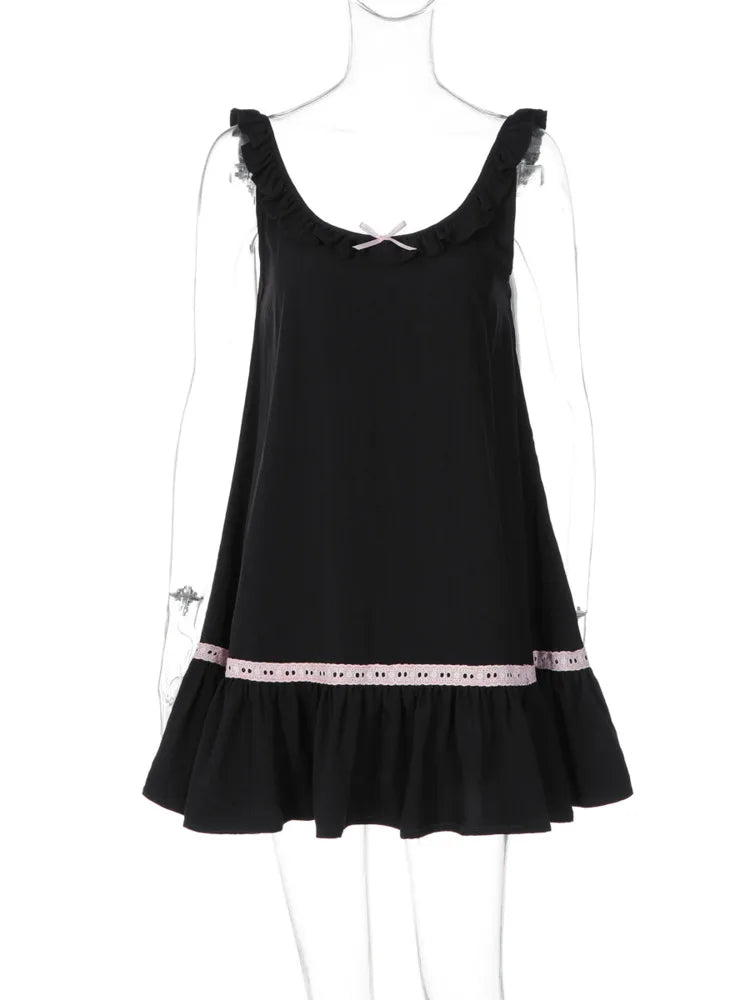 Women Ruffle Strap Mini Dress Sweet Bow Decor Contrast Lace Trim Sleeveless A‑Line Short Dress Y2K Casual Party Dress