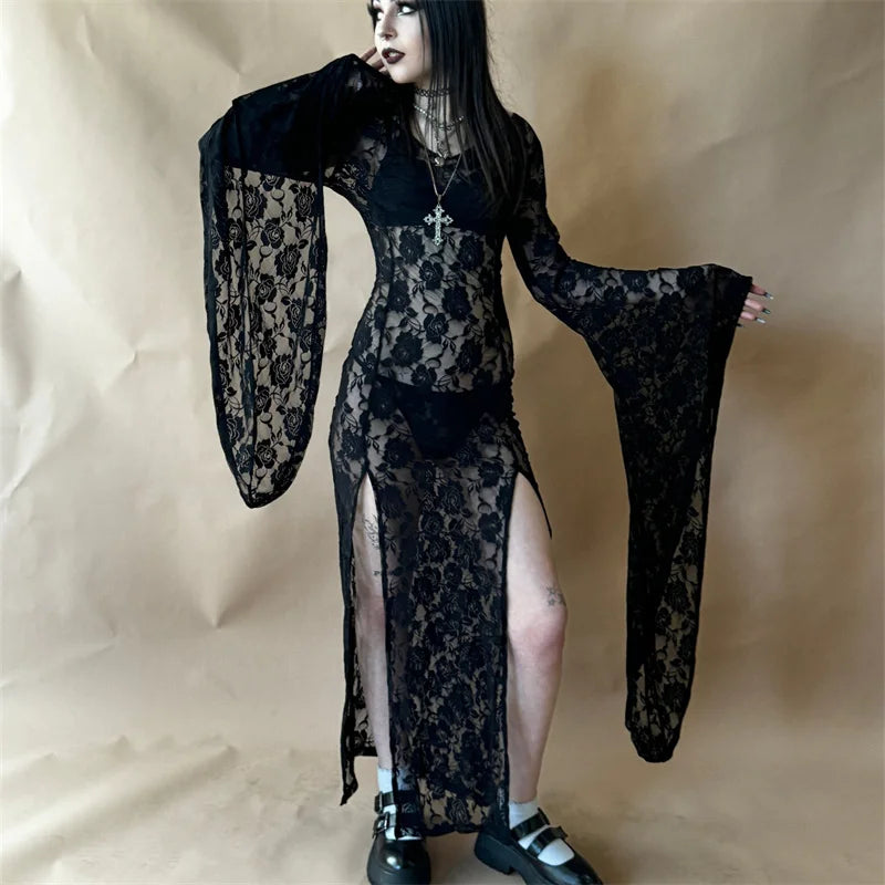 Women Halloween Floral Lace Sheer See Through Long Dress V Neck Flare Long Sleeve High Split Bodycon A-line Dresses