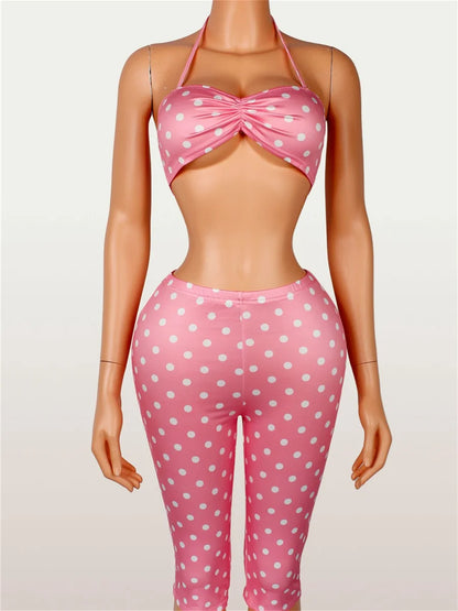 Wild Vacation 2 Piece Set Women Polka Dot Print Halter Tank Tops+Bike Shorts Stretch Matching Street Party Outfits